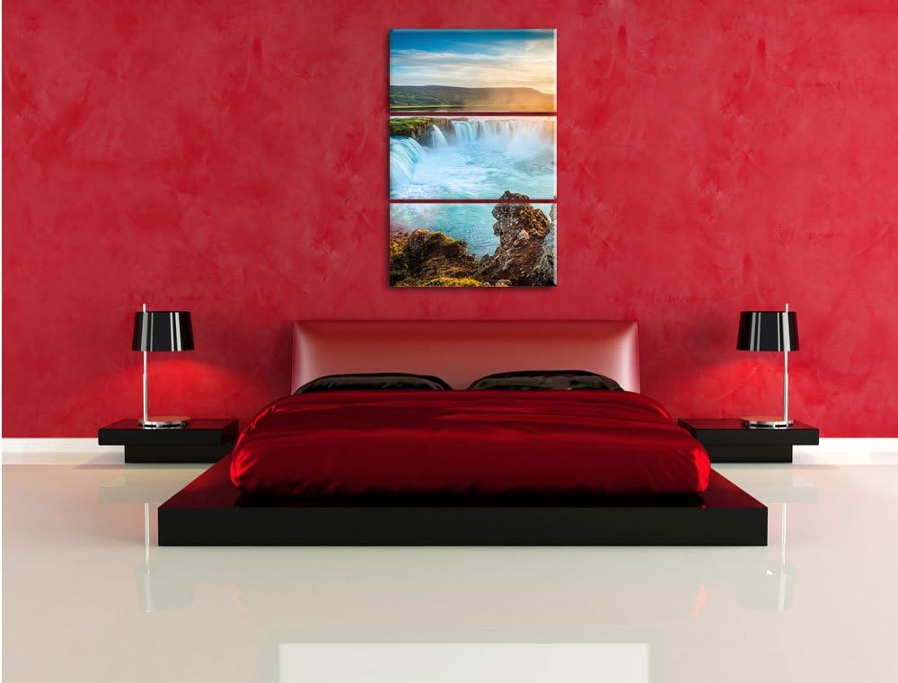 Pixxprint Wasserfall im Sonnenschein 3-Teiler Leinwandbild 120x80 Bild auf Leinwand