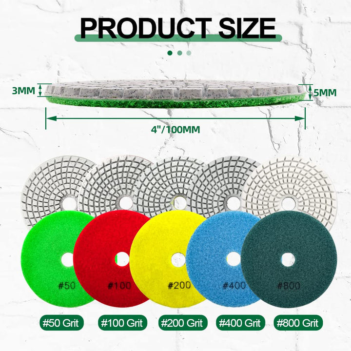 KURSTOL Diamond Polishing Pads Set - 10pcs 4"/100mm Wet Countertop Polishing Pads+1pc Backer Pad of