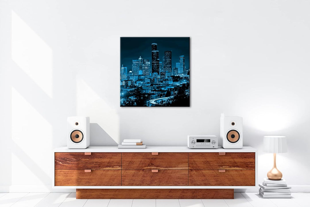 deyoli belebte Skyline von Seattle bei Nacht Format: 60x60 Effekt: Monocrome Blau als Leinwandbild,