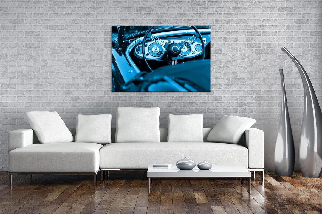 deyoli Roter Cabrio Oldtimer Format 80x60 Effekt: Monocrome Blau als Leinwandbild, Motiv fertig gera