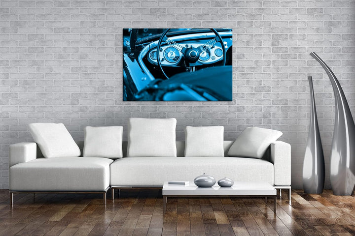 deyoli Roter Cabrio Oldtimer Format 80x60 Effekt: Monocrome Blau als Leinwandbild, Motiv fertig gera