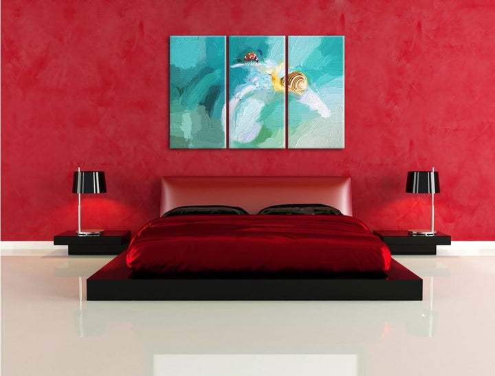 eine Schnecke und Marienkäfer auf einer Pflanze Kunst Pinsel Effekt 3-Teiler Leinwandbild 120x80 Bil