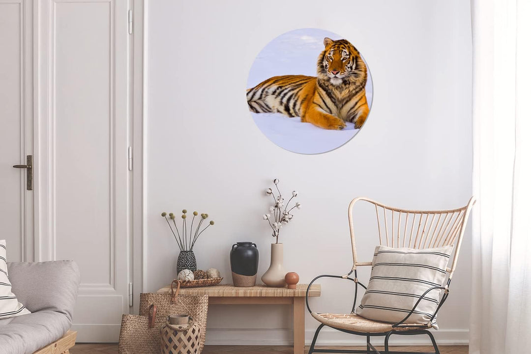 MuchoWow Wandbild Rund Wanddeko Deko Wohnzimmer Bilder 60x60 cm Tiger - Schnee - Winter - Tiere
