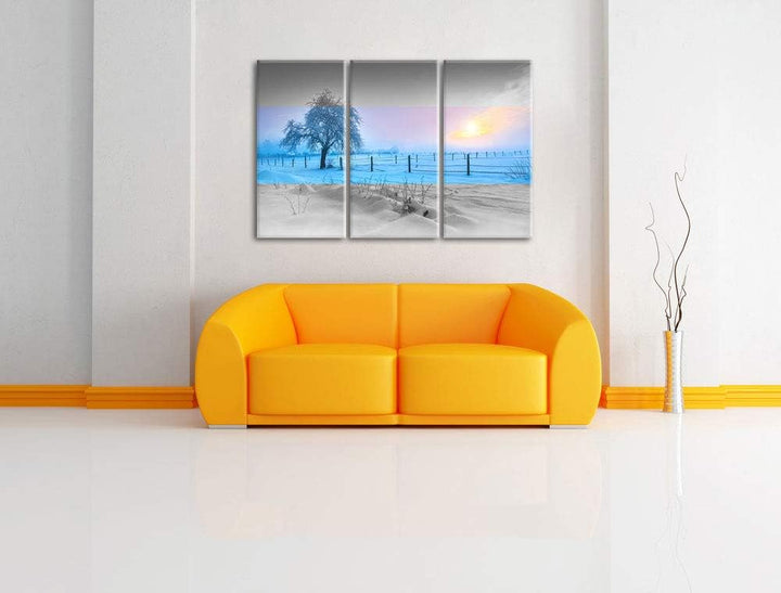 Einsamer Baum in Winterlandschaft schwarz/weiss 3-Teiler Leinwandbild 120x80 Bild auf Leinwand, XXL