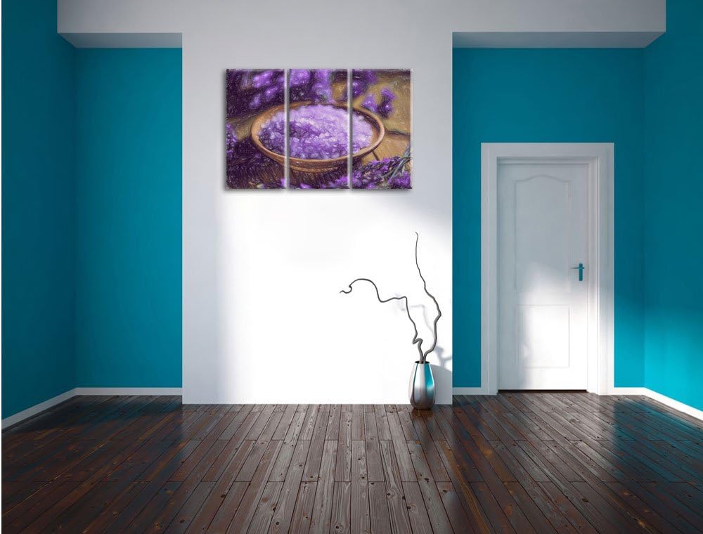 Pixxprint Violettes Badesalz auf Holzuntergrund Kunst Buntstift Effekt 3-Teiler Leinwandbild 120x80