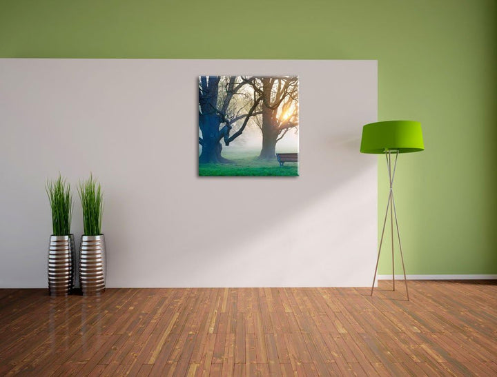 Baum und Bank im Nebel, Format: 70x70 auf Leinwand, XXL riesige Bilder fertig gerahmt mit Keilrahmen