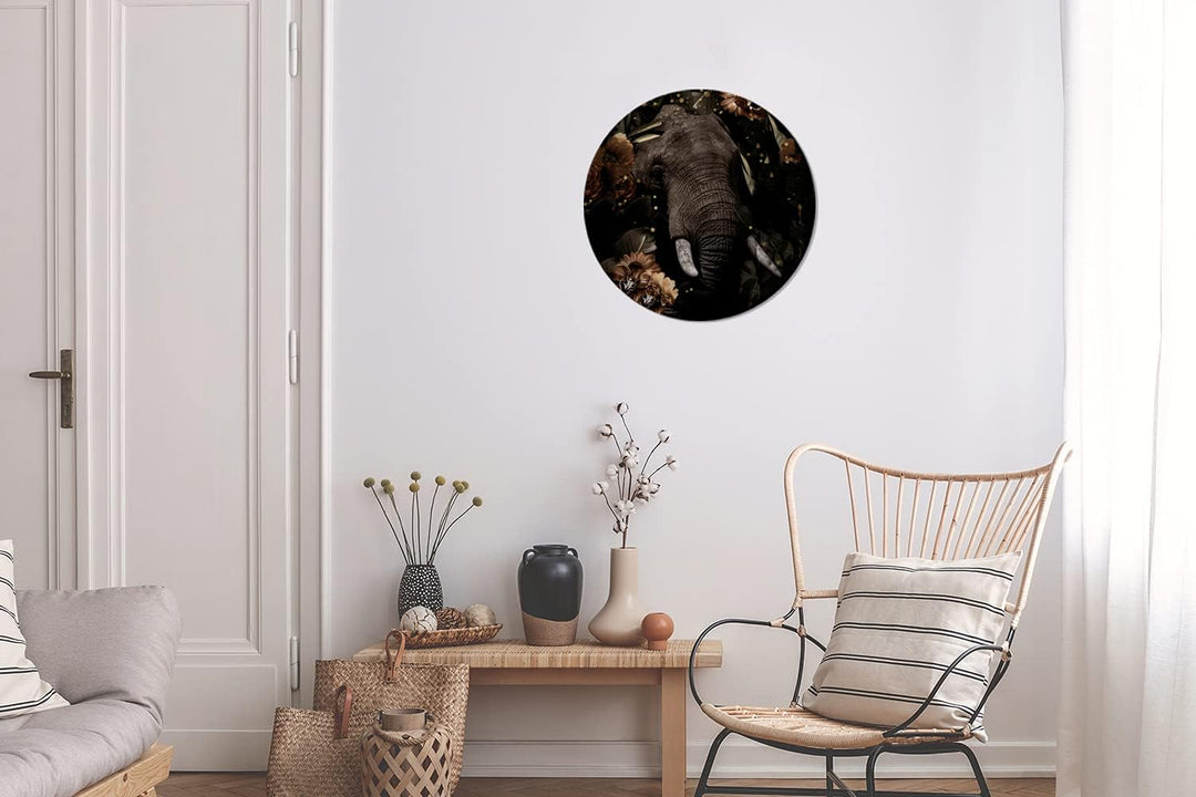 MuchoWow Wandbild Rund Wanddeko Deko Wohnzimmer Bilder 30x30 cm Elefant - Blumen - Licht - Botanisch