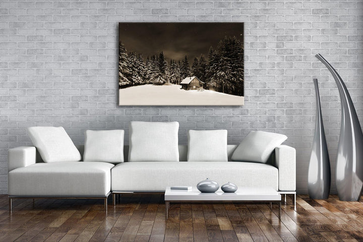 kleine Skihütte auf dem Gipfel Format: 80x60 Effekt: Sepia als Leinwandbild, Motiv fertig gerahmt au