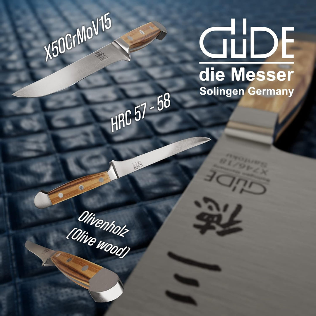 GÜDE Solingen - Ausbeinmesser flexibel geschmiedet, 13 cm, Olivenholz, ALPHA OLIVE, Doppelkropf, Han