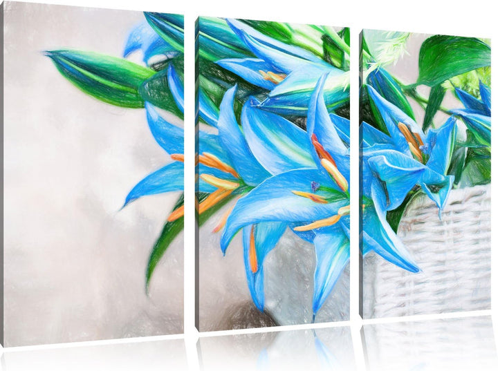 Pixxprint schöne Blaue Blumen im Körbchen als Leinwandbild/Grösse: 3 Teilig (120x80 cm) cm/Wandbild/