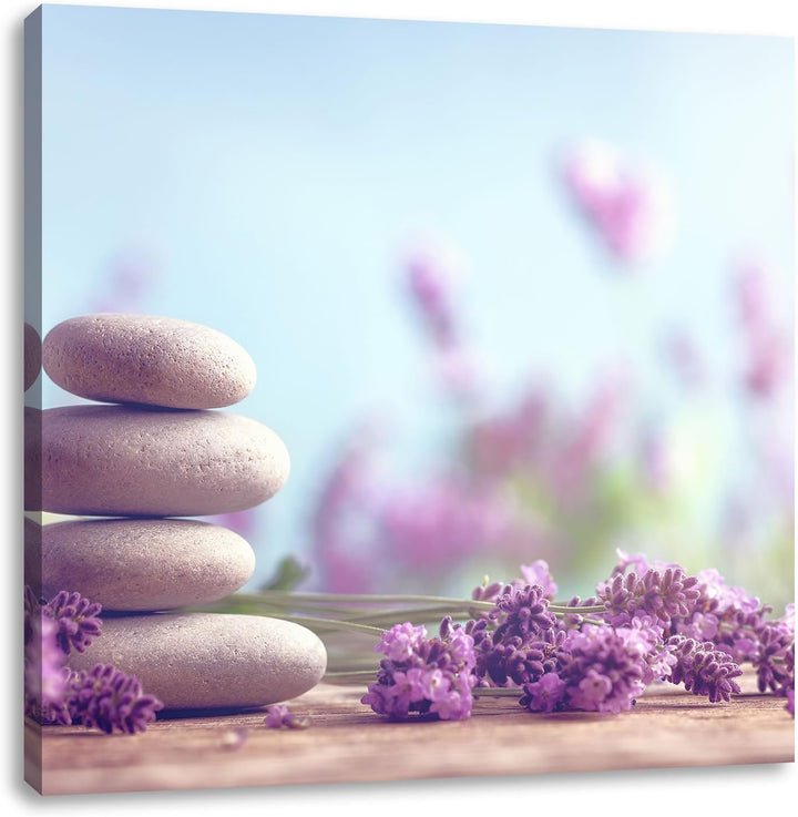 Lavendel Spa-Stillleben, Format: 70x70 auf Leinwand, XXL riesige Bilder fertig gerahmt mit Keilrahme