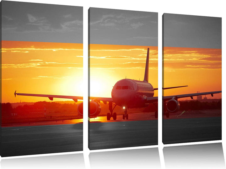 Pixxprint Flugzeug im Sonnenuntergang 3Teiler 120x80 cm Leinwandbild Wandbild Kunstdruck