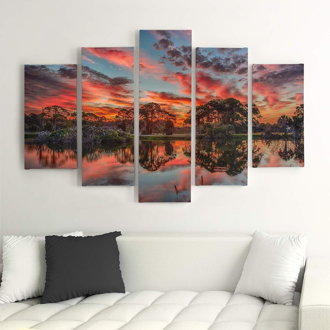 Feeby Wandbild Landschaft 300x140 cm Deco Panel 5 Teilig XXL Kunstdruck Himmel rot Deco Panel XXL 30