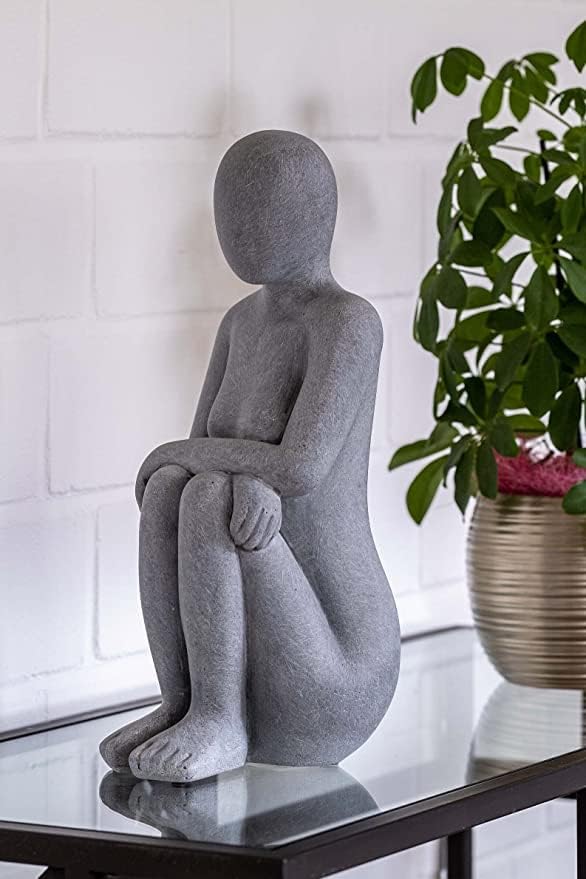 IDYL Moderne Skulptur Figur Sandsteinguss Denkende Frau | wetterfest | grau | 20x16x42 cm | Dekorati