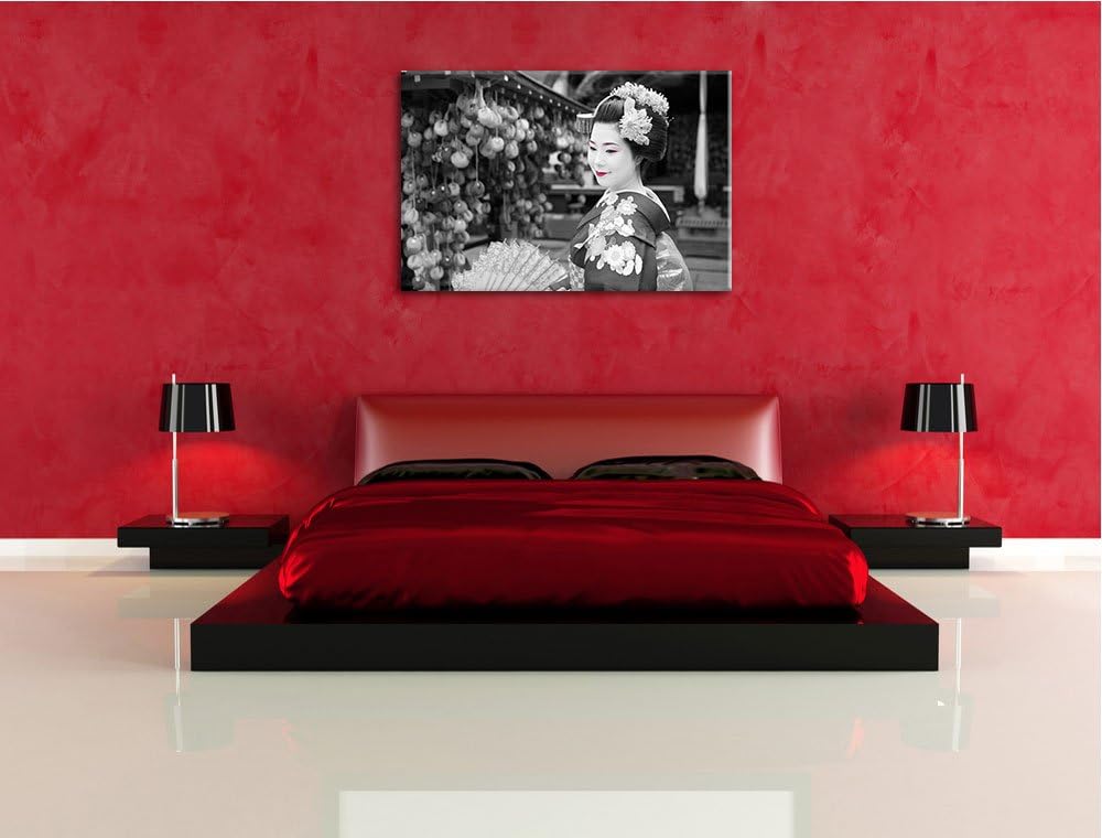 schöne Geisha mit Fächer schwarz/weiss Format: 100x70 auf Leinwand, XXL riesige Bilder fertig gerahm