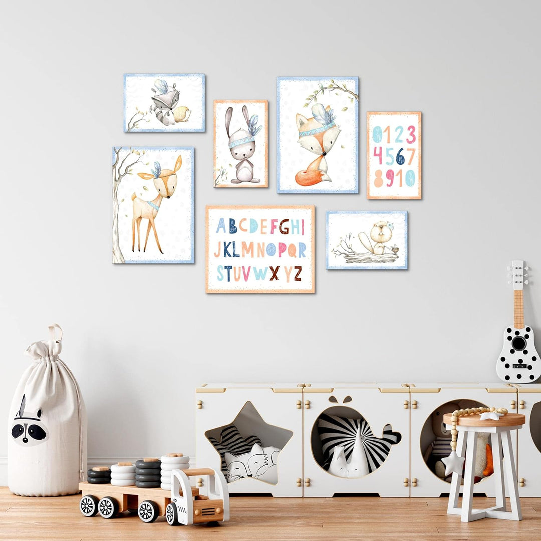 Novart Wandbilder Indianer Tiere - KOMPLETT AUFHÄNGFERTIG - Blau Kinderzimmer Mädchen Junge- 7 Moder