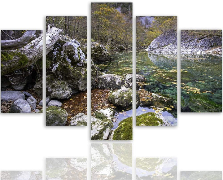Bilder Modern Landschaft 5 Teilig Design Art Fluss Wald Steine bunt 100x70 cm Deco panel 100x70 cm H