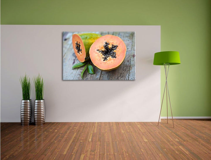 Pixxprint Genüssliche Papaya aufgeschnitten als Leinwandbild/Grösse: 100x70 / Wandbild/Kunstdruck/fe