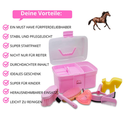 AMKA Pferde Putzbox Putzkasten Putzkoffer gefüllt für Kinder 7 teilig (rosa), rosa