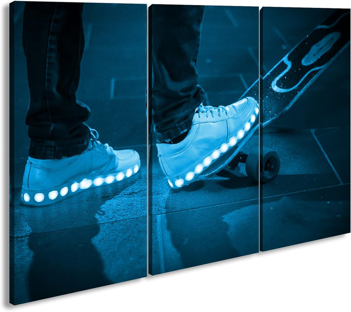 deyoli Skateboardfahrer mit leuchtenden Schuhen Format 120x80 3Teilig Effekt: Monocrome Blau als Lei