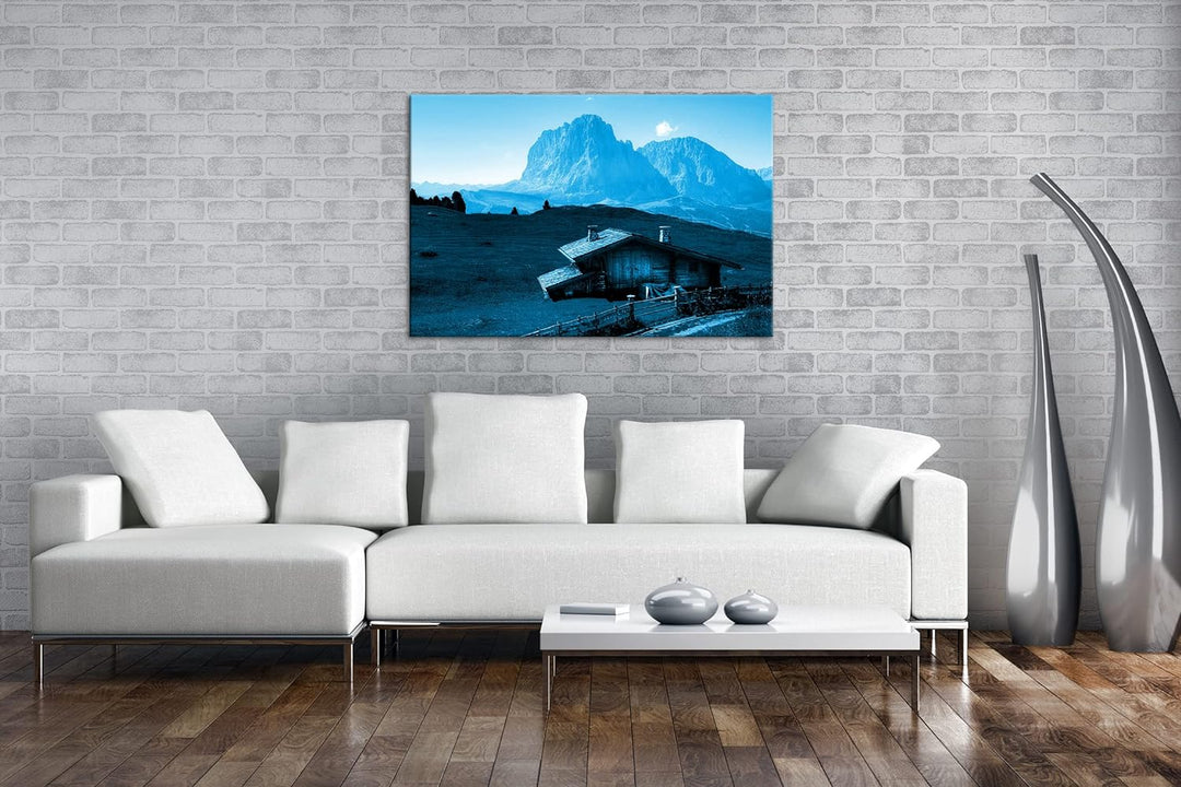 deyoli Holzhütte im Gebirge Format: 80x60 Effekt: Monocrome Blau als Leinwandbild, Motiv fertig gera