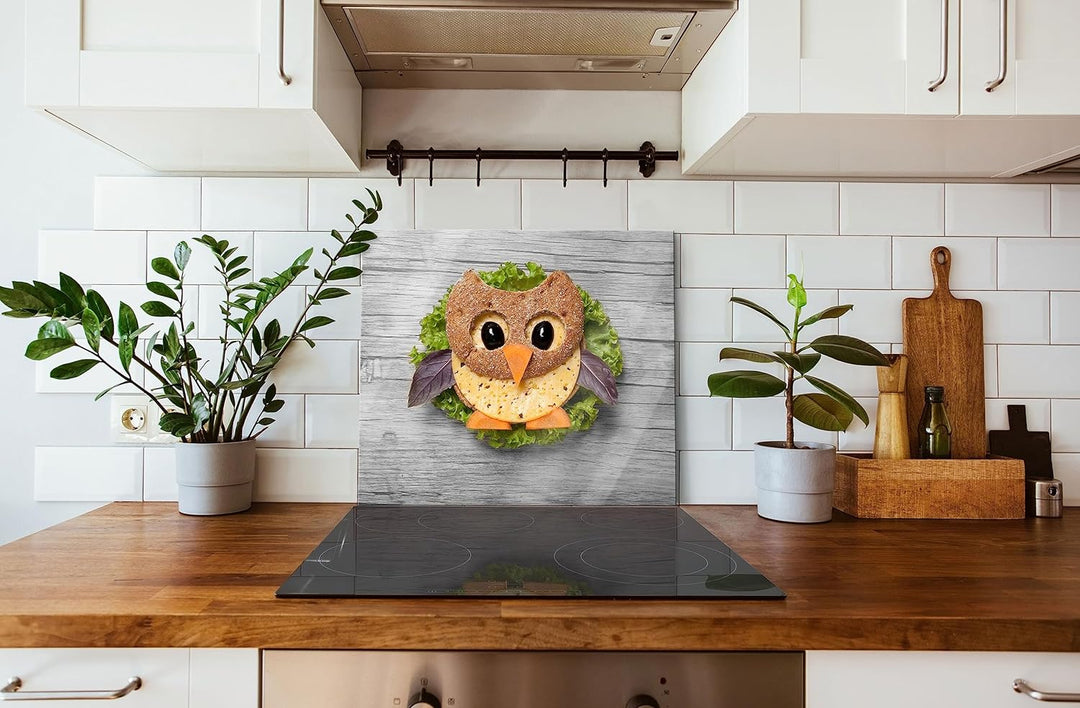 das lustige Eulen Sandwich Herdabdeckplatte & Spritzschutz aus Echtglas | Für Herd-Kochfelder | 60x5