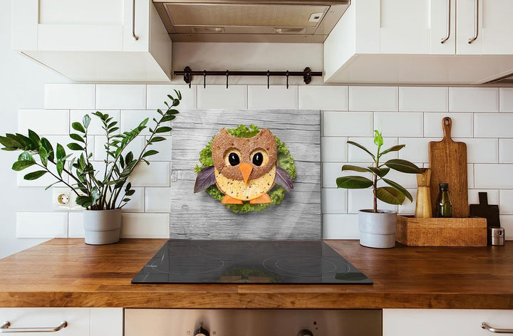 das lustige Eulen Sandwich Herdabdeckplatte & Spritzschutz aus Echtglas | Für Herd-Kochfelder | 60x5