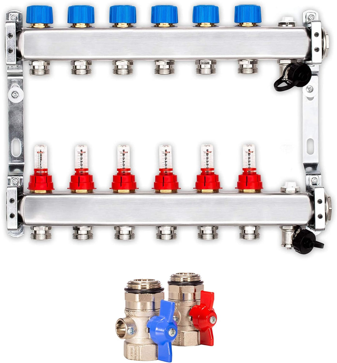Selfio Heizkreisverteiler PREMIUM mit Durchflussmesser und Kugelhahn-Set (6 Heizkreise)