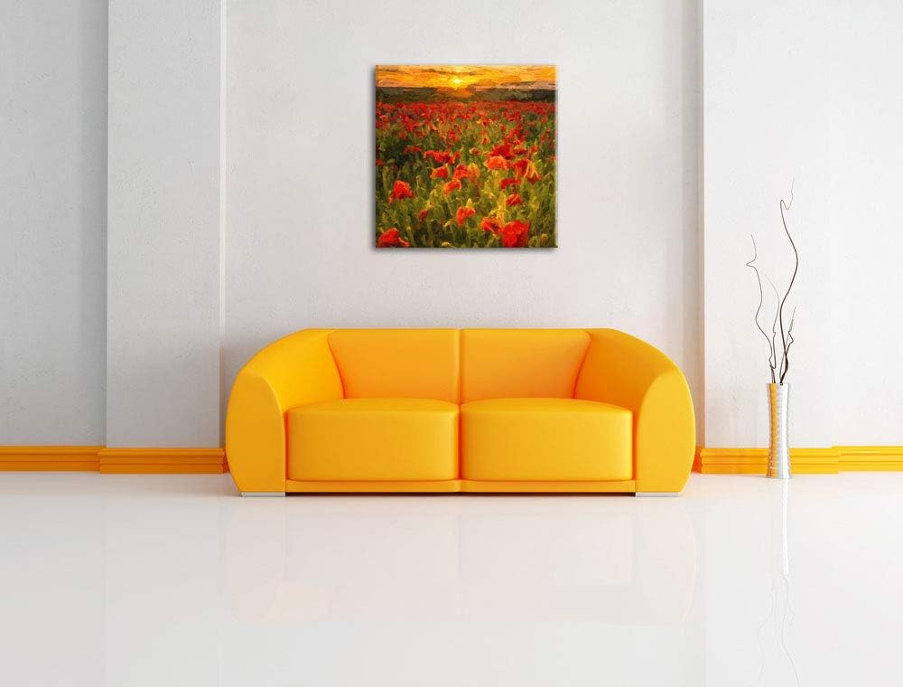 schöne Mohnwiese, Format: 70x70 auf Leinwand, XXL riesige Bilder fertig gerahmt mit Keilrahmen, Kuns