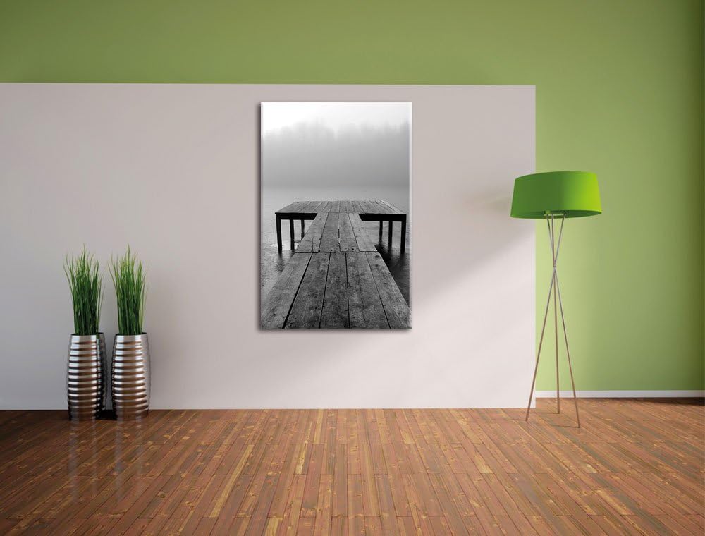Steg am See Nebel, Format: 100x70 auf Leinwand, XXL riesige Bilder fertig gerahmt mit Keilrahmen, Ku