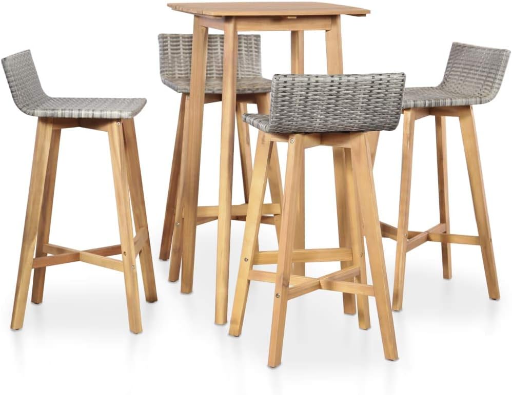 tidyard Bar-Set 5-TLG. Sitzgruppe aus Massivholz und Poly Rattan, Braun und Hellgrau, inkl 1 Bartisc