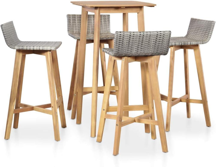 tidyard Bar-Set 5-TLG. Sitzgruppe aus Massivholz und Poly Rattan, Braun und Hellgrau, inkl 1 Bartisc