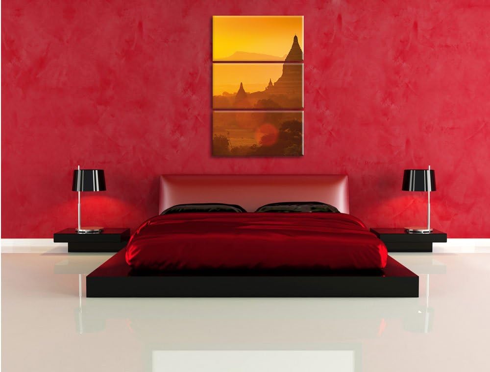 Pixxprint Buddha Tempel im Sonnenuntergang 3-Teiler Leinwandbild 120x80 Bild auf Leinwand