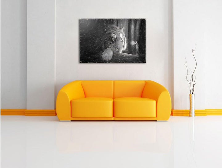 Pixxprint Eine Frau und EIN Riesen-Tiger / 100x70cm Leinwandbild bespannt auf Holzrahmen/Wandbild Ku