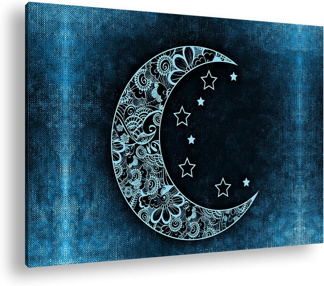 deyoli Abstrakter Mond mit Sternen Format 80x60 Effekt: Monocrome Blau als Leinwandbild, Motiv ferti
