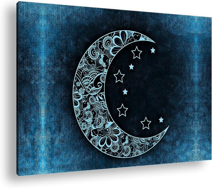 deyoli Abstrakter Mond mit Sternen Format 80x60 Effekt: Monocrome Blau als Leinwandbild, Motiv ferti