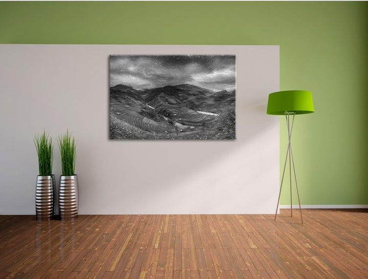 Pixxprint eine Berg Farm in Asien Kunst Kohle Effekt, Format: 100x70 auf Leinwand, XXL riesige Bilde