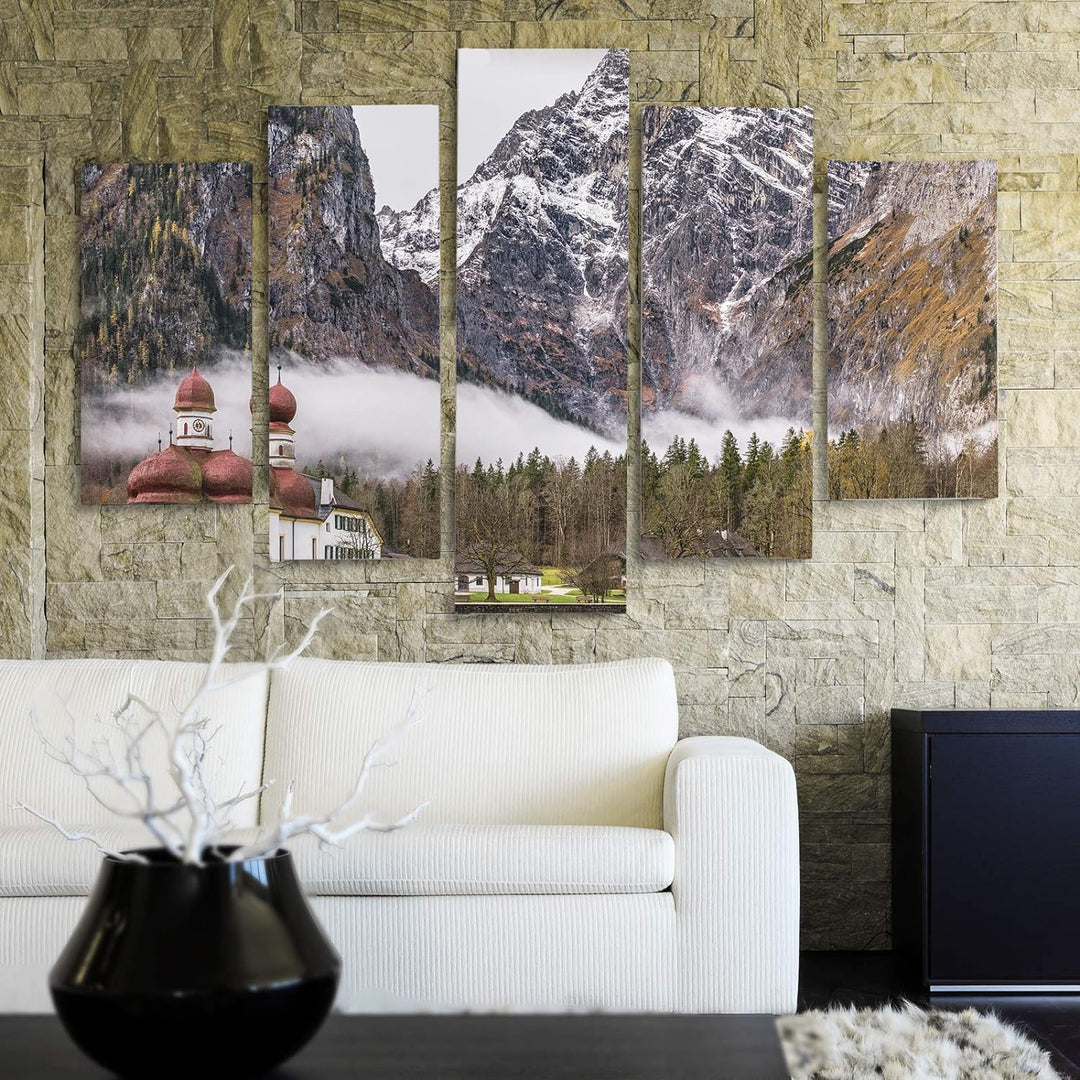 Bilder 5 Teilig Landschaft Deco Panel Kunst Berge Kirche Wasser bunt 100x70 cm Deco panel 100x70 cm