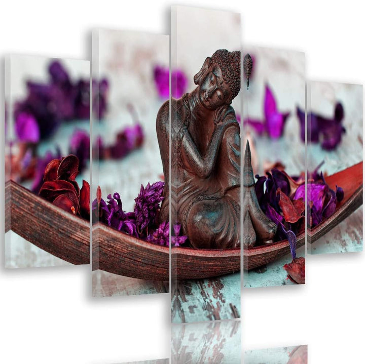 Feeby Bilder Buddha 200x100 cm Leinwandbild 5 Teilig XXL Kunstdruck modern Blumen violett Leinwandbi