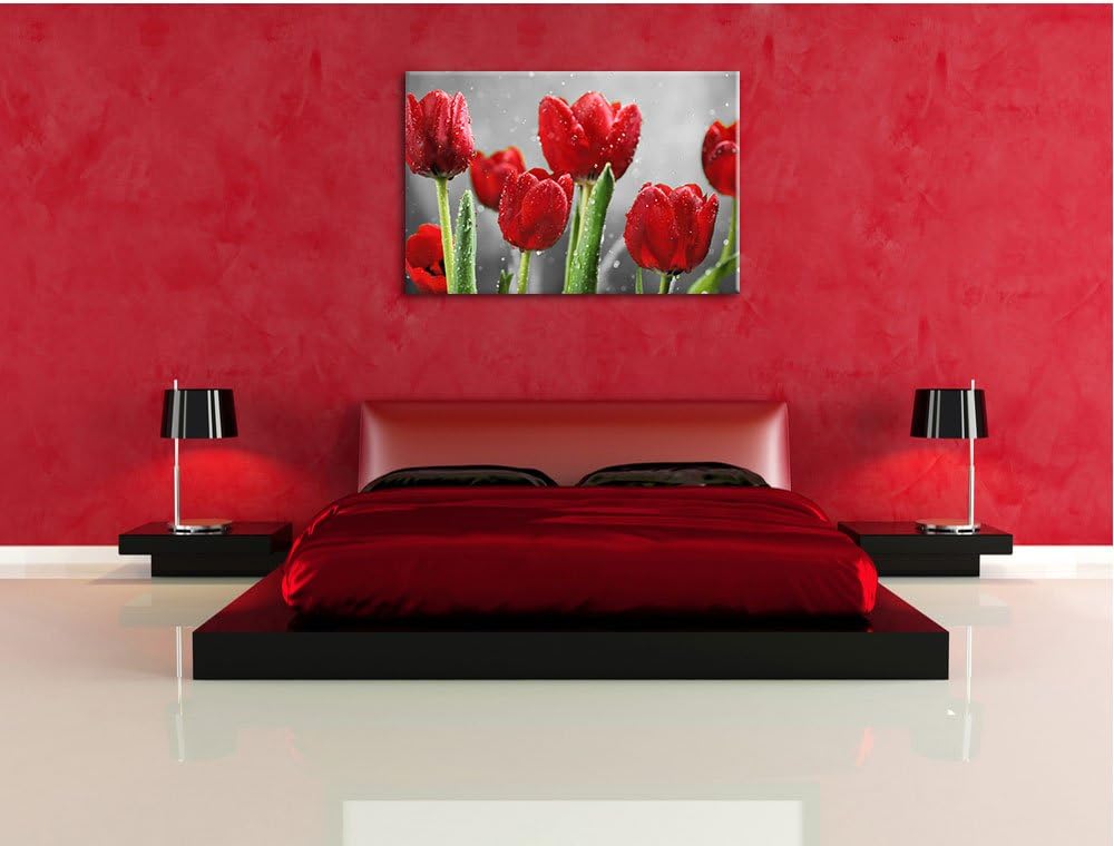Pixxprint Rote Tulpen mit Tropfen bedeckt als Leinwandbild/Grösse: 100x70 cm/Wandbild/Kunstdruck/fer