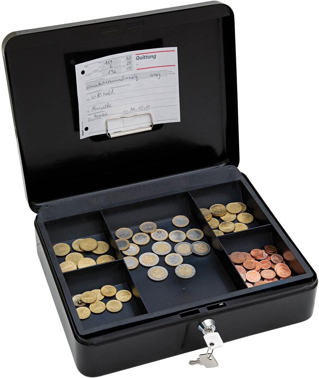 WEDO 145421H Geldkassette aus pulverbeschichtetem Stahl, Geldnoten- und Belegeklammer, 5-Fächer-Münz
