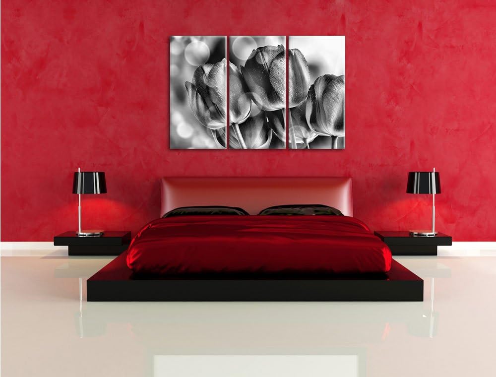 Pixxprint Rote Tulpen als Leinwandbild | Grösse: 3 Teilig (120x80) | Wandbild| Kunstdruck | fertig b