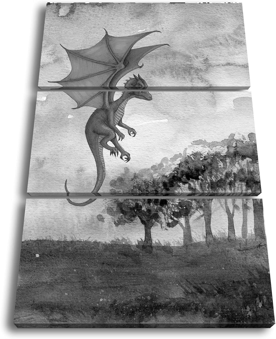 deyoli Fantasiegemälde eines lila Drachen Format: 3Teilig als Leinwand, Effekt: Schwarz&Weiss, Motiv
