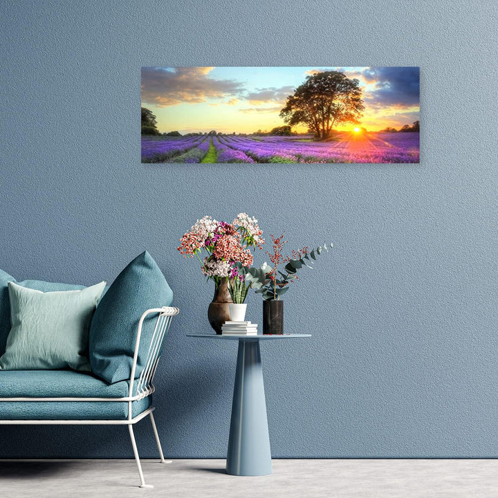 Feeby Bild auf Vlies Leinwand Natur Lavendelfeld Sonnenuntergang 120x40 cm Kunstdruck Modern Wandbil