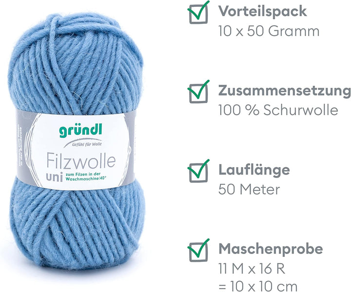 Gründl Filzwolle uni (Wolle zum Filzen, Stricken und Häkeln, Garn aus 100 % Schurwolle, 50 g / 50 m,