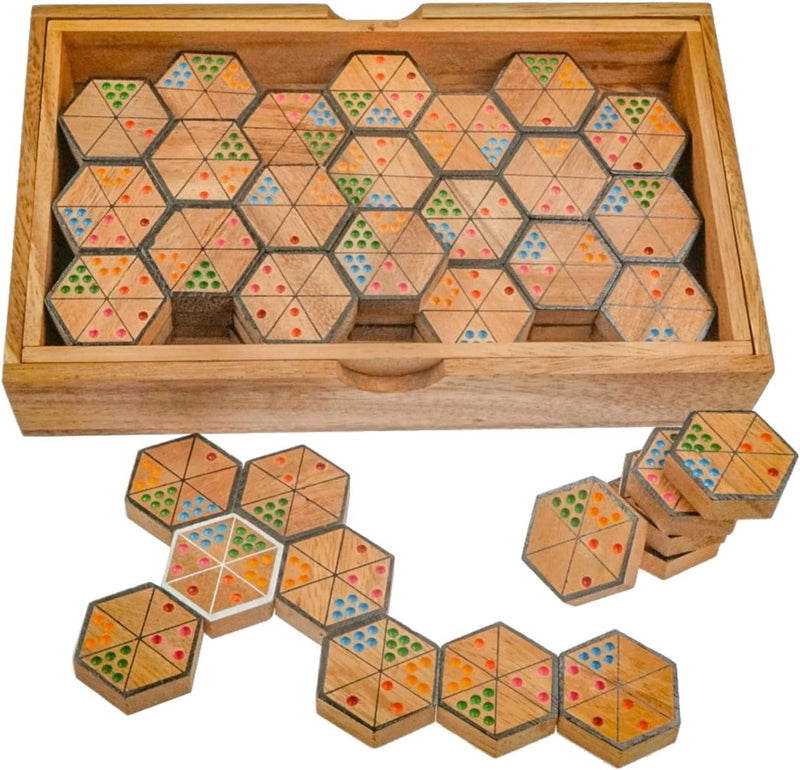 LOGOPLAY Hexadomino - Hexamino - Sechseck-Domino - Legespiel - Gesellschaftsspiel aus Holz mit 63 Sp