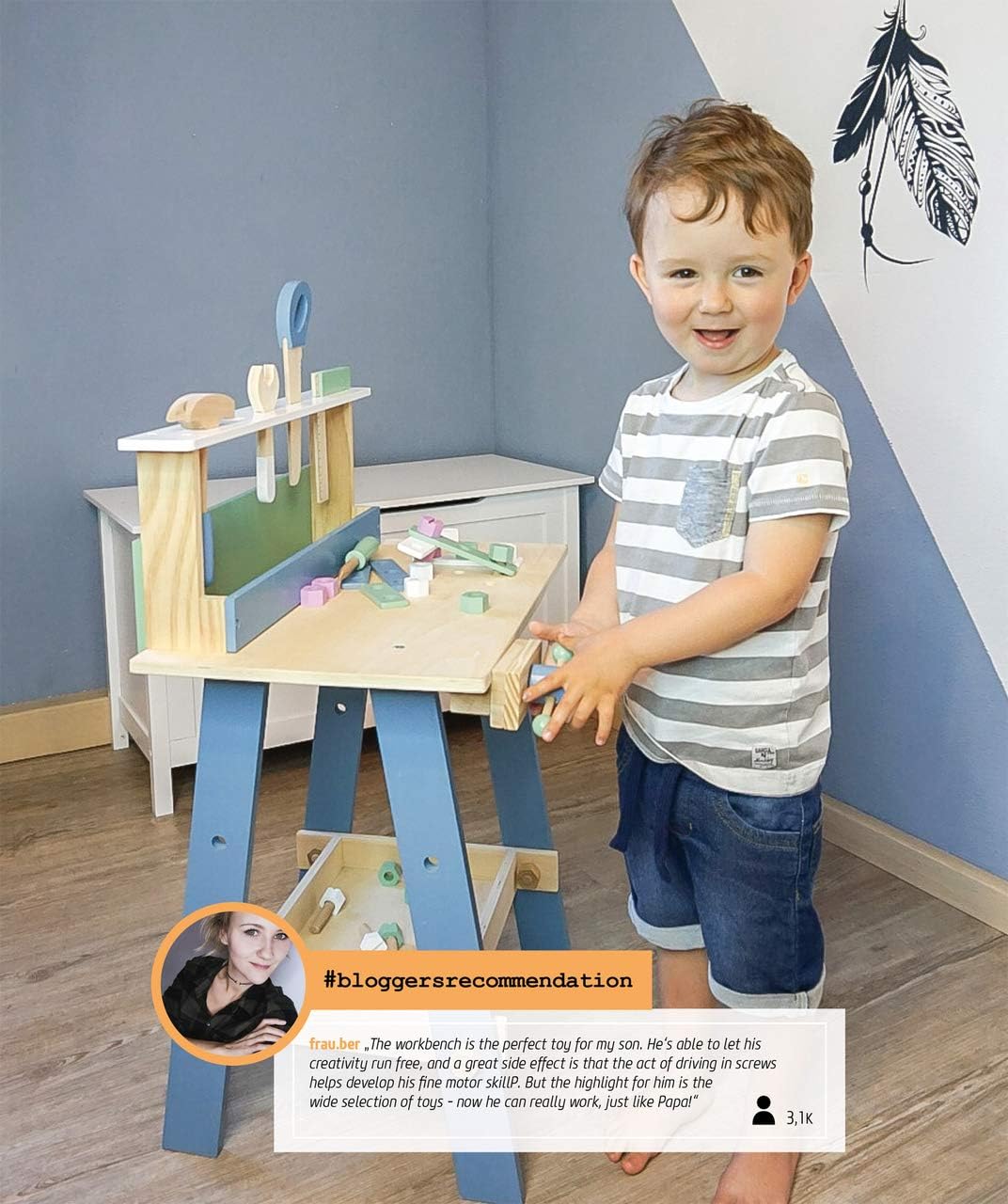 small Foot Werkbank Nordic aus Holz, inkl. Werkzeugen und Zubehör, Rollenspielzeug für Kinder, ab 3