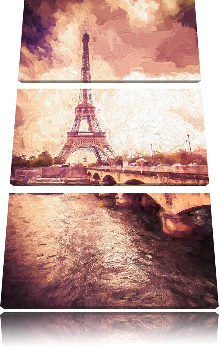 Pixxprint Eiffelturm in Paris Kunst / 3-Teilig/Gesamtmass 120cm Leinwandbild bespannt auf Holzrahmen