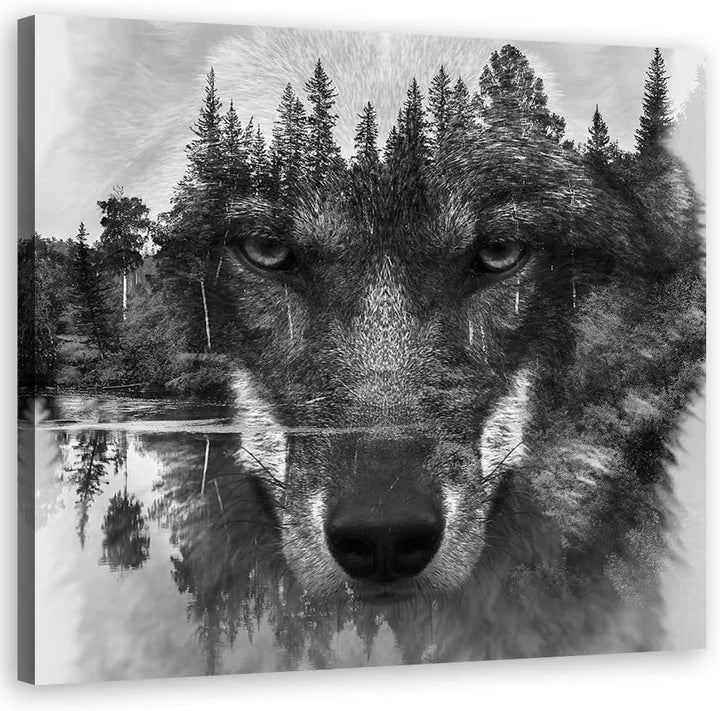 Feeby Wanddeko Abstraktion Natur Wolfskopf 50x50 cm Leinwandbild Kunstdruck Tier Raubtier See der Wä