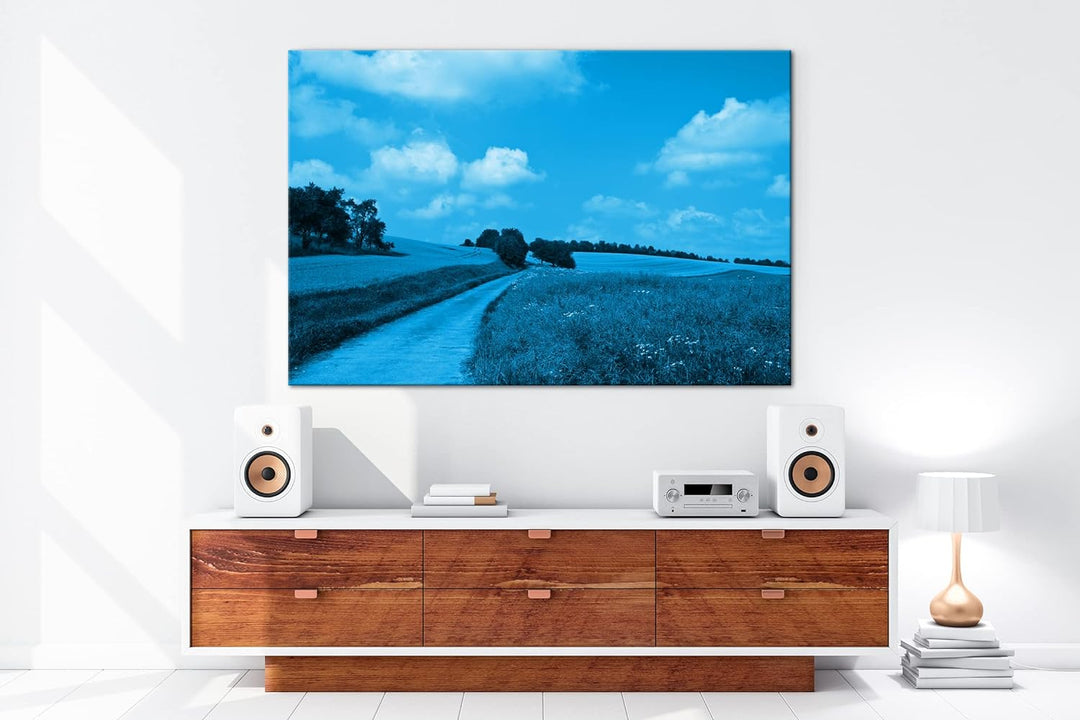 deyoli Feldweg im Sommer Format 80x60 Effekt: Monocrome Blau als Leinwandbild, Motiv fertig gerahmt